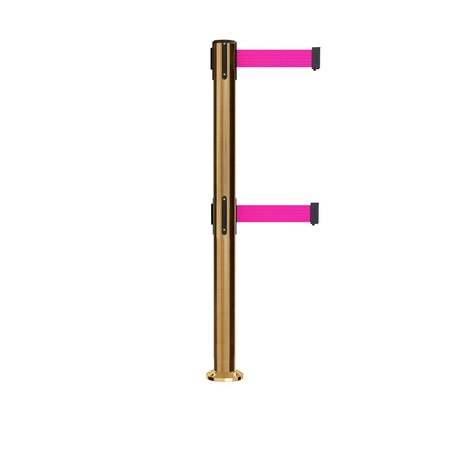 MONTOUR LINE Stanchion Dual Belt Barrier Fixed Base Sat.Brass Post 9ft.Fl.Pnk Belt MX630DF-SB-FPK-90